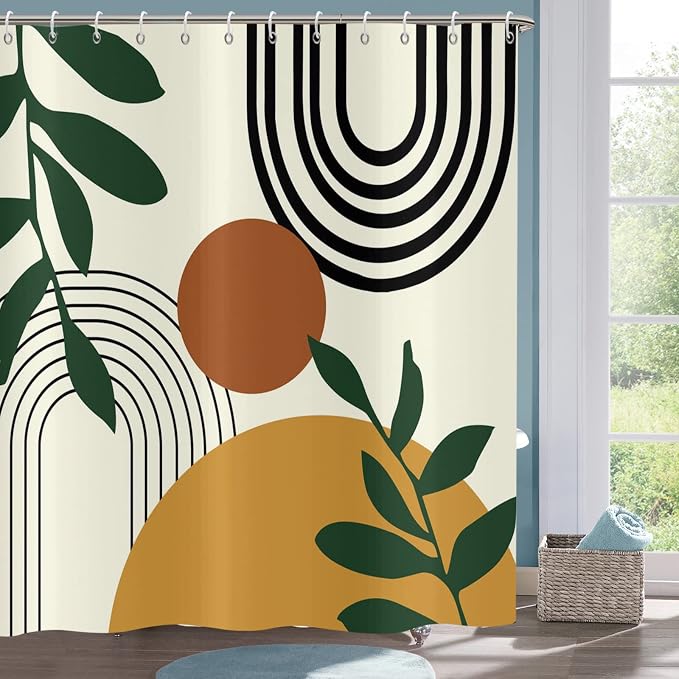Abstract Boho Mid Century Shower Curtains for Bathroom Geometric Leaves Moon Phase Beige Modern Minimalistic Plant Fabric Waterproof Bathroom Curtain Decor Set with 12 Hooks 72x72 Inch