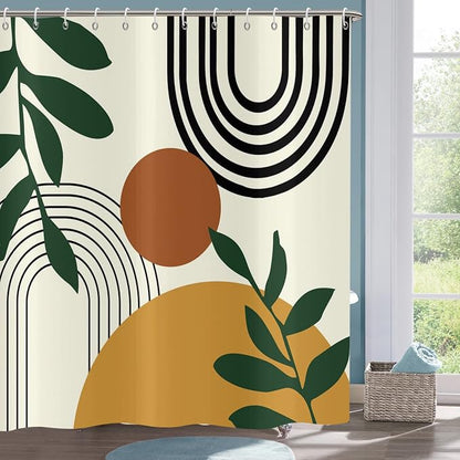 Abstract Boho Mid Century Shower Curtains for Bathroom Geometric Leaves Moon Phase Beige Modern Minimalistic Plant Fabric Waterproof Bathroom Curtain Decor Set with 12 Hooks 72x72 Inch