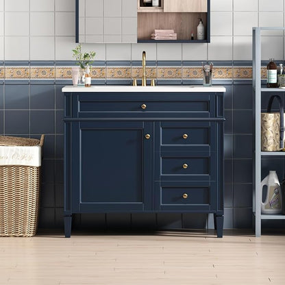36'' Bathroom Vanity with Top Single Resin Sink Countertop Combo, Solid Wood Frame Modern Organizer Storage Cabinet, Tip-Out Drawer, Soft Closing Doors, Free Standing, Blue