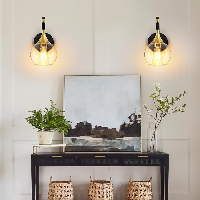 Black and Gold Wall Sconces Set of Two, Modern Wall Sconce Light | with Clear Glass Shade, Globe Wall Mounted Light Fixture for Bathroom, Living Room, Hallway, Bedroom, Bathroom