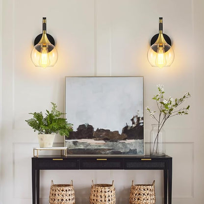 Black and Gold Wall Sconces Set of Two, Modern Wall Sconce Light | with Clear Glass Shade, Globe Wall Mounted Light Fixture for Bathroom, Living Room, Hallway, Bedroom, Bathroom