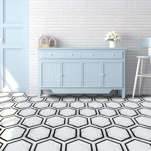 Art3d 10-Pack Hexagon Peel and Stick Flooring Tile Marble Look, Self Adhesive Waterproof Vinyl Floor Tile for Living Room, Kitchen, Bathroom, Bedroom, 11.8" x 10.2" White Marble
