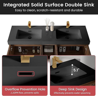 60" Bathroom Vanity with Double Sink, Freestanding Double Sink Bathroom Vanity with Black Engineered Stone Top, Open Storage Cabinet & Adjustable Shelf, 4 Soft-Closing Doors, Walnut