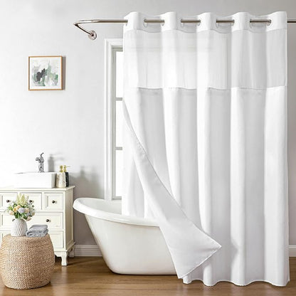 eachope No Hook Linen Texture Shower Curtain with Snap-in Liner,71x80 White | 230GSM Thick Fabric,Hotel Luxury Decor,Mesh Top Window,Magnetic Weighted Hem,Waterproof & Machine Washable,for Bathroom