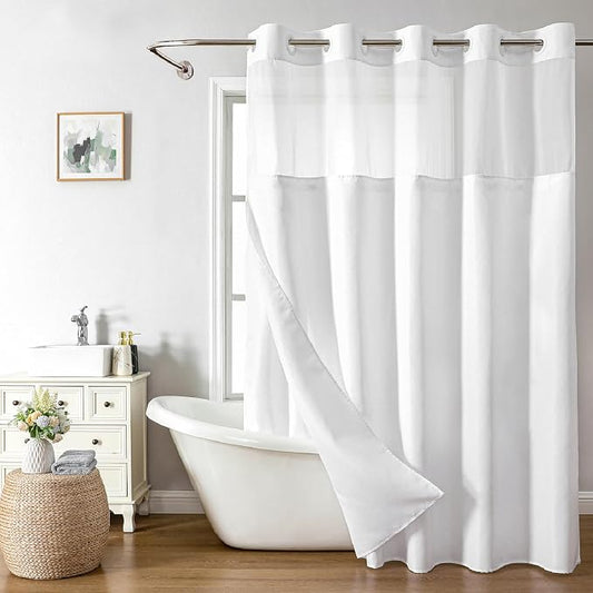 eachope No Hook Linen Texture Shower Curtain with Snap-in Liner,71x86 White | Extra Long,230GSM Thick Fabric,Hotel Luxury Decor,Mesh Top Window,Bottom Magnetic,Waterproof & Machine Washable,for Bathroom