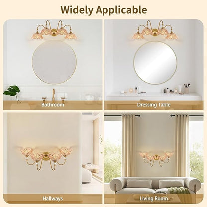 Vintage Bathroom Vanity Light, 4-Light Matte Brass Finish Vanity Light with Floral Amber Glass Shades, Retro Wall Mount Lighting for Bathroom, Dressing Table