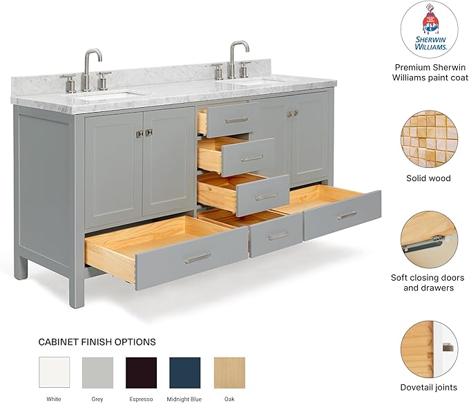 DKB Beckford 72 Inch Bathroom Vanity Double Sink — Grey Bathroom Vanity with Sink, 1.5" Edge Italian Carrara Marble Countertop & Backsplash, 4 Soft-Close Doors, 6 Dovetail Drawers