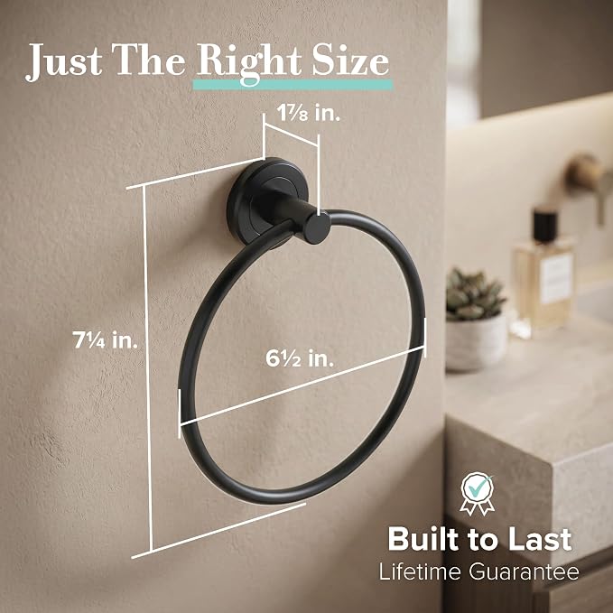 Gatco 4242MX Latitude II Towel Ring | Modern Hand Towel Holder for Bathroom | Stylish Decorative Hardware, Heavy Duty Metal, EZ Ancor Mounting | Matte Black