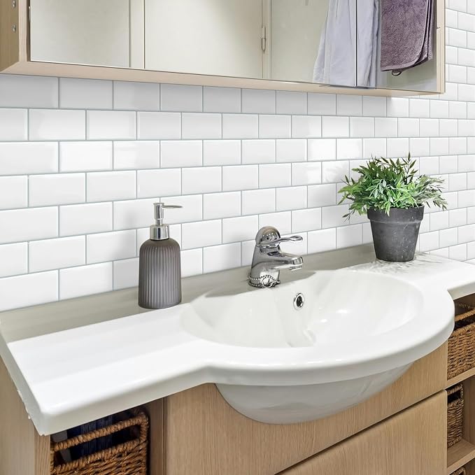 White Peel and Stick Backsplash Subway Tile for Kitchen 10 Sheet | Thick,Self Adhesive,Wall,Sticky,Brick,for Bathroom,Laundry,Sink,12"×12"