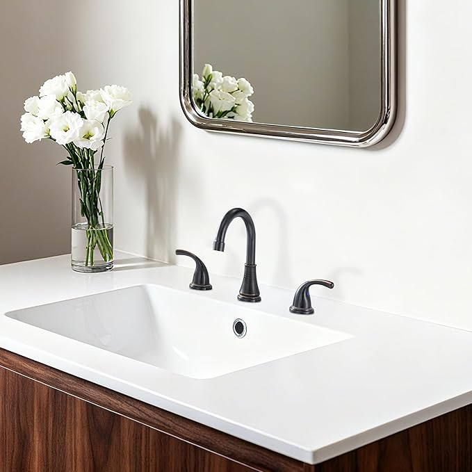 Bathroom Faucet 3 Holes, 8 Inch Widespread Faucet 2 Handle Bathroom Sinks Faucets Lead-Free Oil Rubbed Bronze Bath Sinks Faucets with Pop-up Drain Stopper and Supply Hoses