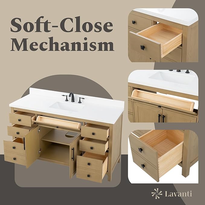 Lavanti Oakford 60 Inch Bathroom Vanity with Sink – Stylish Firwood Oak Vanity Bathroom with Storage Cabinet – Modern Bathroom Vanities with Single Vanity Sink & Quartz Countertop