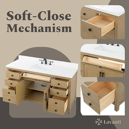 Lavanti Oakford 60 Inch Bathroom Vanity with Sink – Stylish Firwood Oak Vanity Bathroom with Storage Cabinet – Modern Bathroom Vanities with Single Vanity Sink & Quartz Countertop