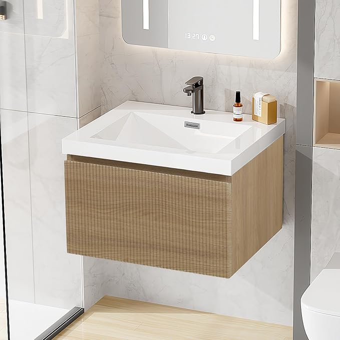 24 Inch Floating Bathroom Vanity with Sink, Modern Oak Wall Mounted Floating Vanity with Glossy Resin Sink, Soft Closing Drawer, Fully Pre Assembled Bathroom Vanity, Natural Oak