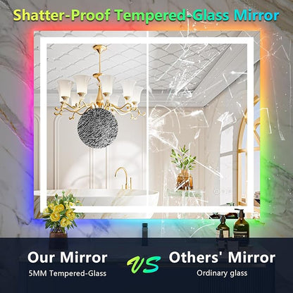 44x36 LED Bathroom Mirror with Lights, RGB Backlit Lighted Mirror | Backlit and Front Light, Anti-Fog, 3 Color Dimmable, Memory, Tempered Glass, IP54 Waterproof, UL Listed