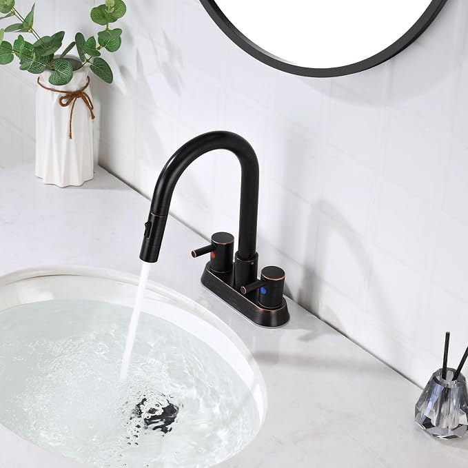 Oil Rubbed Bronze Bathroom Faucet with Pull Out Sprayer, Dual-Function Spout Bronze Bathroom Sink Faucets, 4 Inch Two Handle Utility Sink Faucet with Sprayer 3 Hole, Easy Pet Shower, RVs