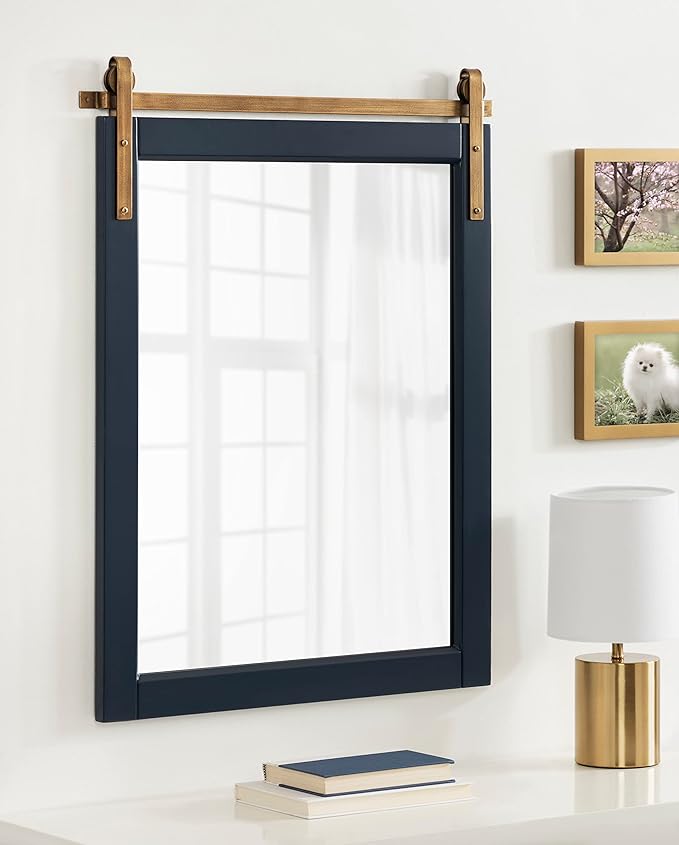 Kate and Laurel Skylan Modern Farmhouse Decorative Wood Framed Wall Mirror; 22 x 28; Navy and Antique Gold; Barn Door-Inspired Wall Hanging Mirror for Bathroom or Living Room Uses