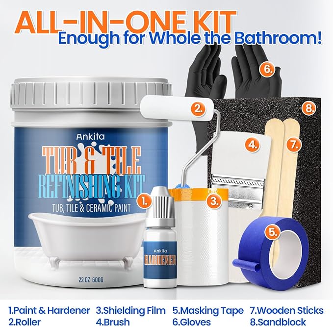 Specialty Tub and Tile Paint, Water-based Tub and Tile Refinishing Kit | With Tools, Quick-Dry Tub Paint for Bathtub, Sinks, No Odor Shower Paint, Bathroom Tile Paint, User-friendly, Pure White
