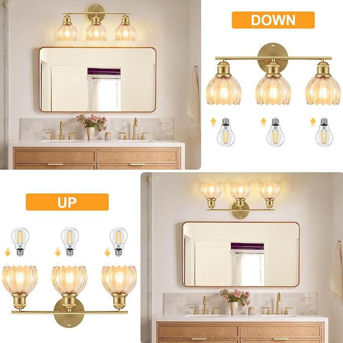 Bathroom Light Fixtures, 3-Light Brushed Gold Vanity Lights for Bathroom with Amber Tulip Glass Shade, 20" Vintage Bathroom Vanity Lighting Fixtures Over Mirror for Bedroom Living Room Hallway