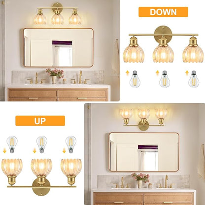 Bathroom Light Fixtures, 3-Light Brushed Gold Vanity Lights for Bathroom with Amber Tulip Glass Shade, 20" Vintage Bathroom Vanity Lighting Fixtures Over Mirror for Bedroom Living Room Hallway
