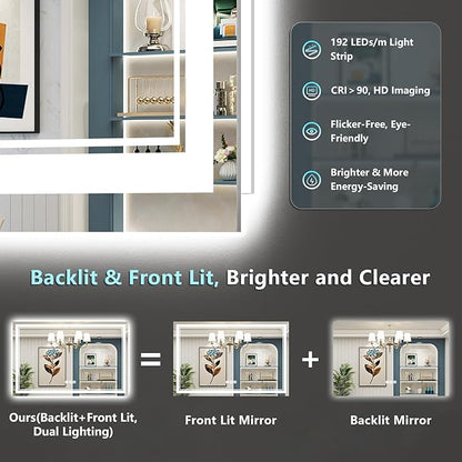 50x40 LED Bathroom Mirror with Lights, Backlit and Front Lit Anti-Fog Lighted Vanity Mirrors for Bathroom Wall, Dimmable, 3-Color Light, Memory, Shatter-Proof, HD Tempered Glass, CRI＞90