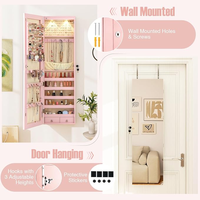 Moccha Wall Door Jewelry Armoire, 47.5" H Full Length Mirrored Jewelry Cabinet with 2 LED Lights and 2 Drawers, Lockable Jewelry Cabinet, Jewelry Organizer Storage for Bedroom (Light Pink)