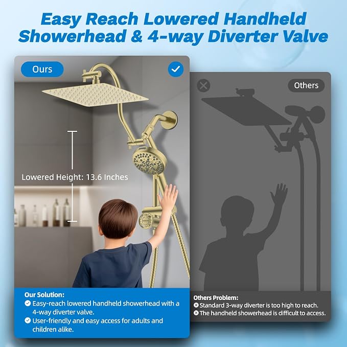 Hibbent High Pressue All Metal 10" Rainfall Shower Head, Handheld 10-Spray | cUPC Certified Brushed Gold Dual Showerhead Combo, 4-way Diverter with Pause Mode, Brass Extension Arm, 71'' Hose & Holder