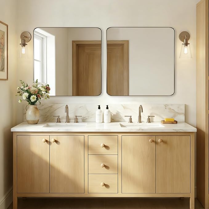 Brushed Champagne Bronze Mirrors for Bathroom Sink, 30x30 Inch Bathroom Vanity Mirror with Rectangular Metal Frame-Modern Clean Design with Superior Stainless Steel Frame