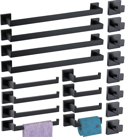 Bathroom Hardware Set 20 Piece Matte Black Bathroom Accessories Set SUS304 Towel Bar Set Includes 4 Towel Bar 24 Inch+4 Towel Holder+4 Toilet Paper Holder+8 Towel Hooks (20, Matte Black, 24 Inch)