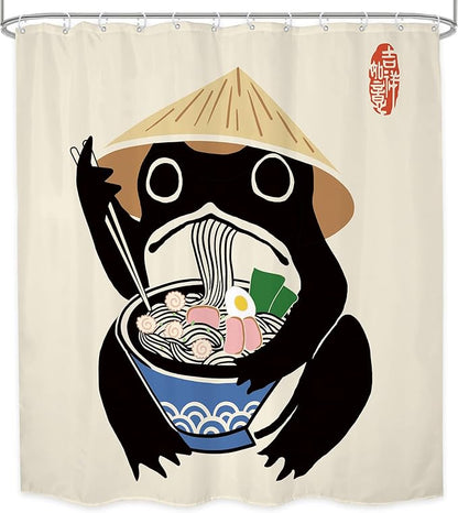 LGhtyro Extra Long Funny Frog Shower Curtain Bathroom Set 71Wx84H Inches Retro Cute Animal Asian Traditional Noodles Strawhat Vintage Bath Accessories Japanese Art Home Decor Fabric 12 Pack Hooks