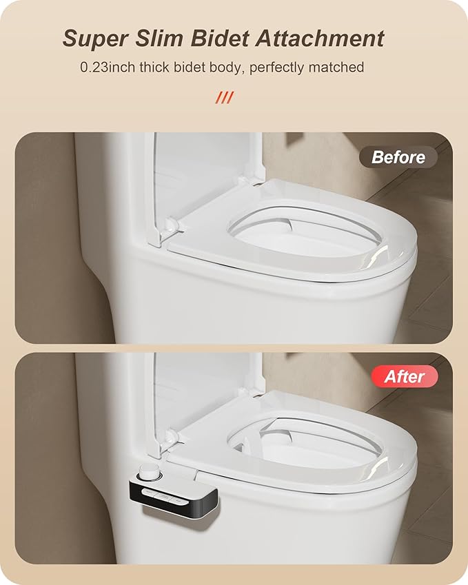 Ultra-Slim Bidet Attachment for Toilet Dual Nozzles Feminine & Rear Wash Bidet Toilet Seat Attachment Non Electric Self Cleaning Adjustable Water Pressure, Rear Wash (KB001)