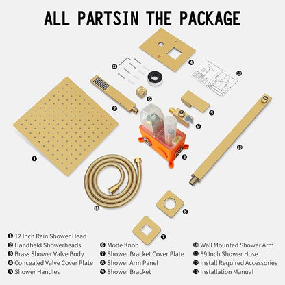 Bathroom Shower Faucet Set，10 Inch Rain Shower Head with Handheld Spray，Brass Shower Valve Trim Kit，Wall Mounted Square Rain Shower System (Brushed Gold)