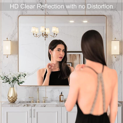 LOAAO 40”X36” Gold Bathroom Mirror, Rounded Rectangle Gold Frame Mirror, Brushed Gold Bathroom Vanity Mirror Wall-Mounted, Anti-Rust, Tempered Glass, Hangs Horizontally or Vertically | Rounded Rectangle, Brushed Gold Frame, Wall-Mounted, Anti-Rust, Tem...