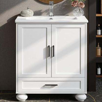 LIKIMIO 24" Bathroom Vanity with Ceramic Sink, 2 Doors 1 Drawer, Solid Wood Legs, Quick Assembly, Small Bathroom Storage, White Freestanding Bathroom Cabinet
