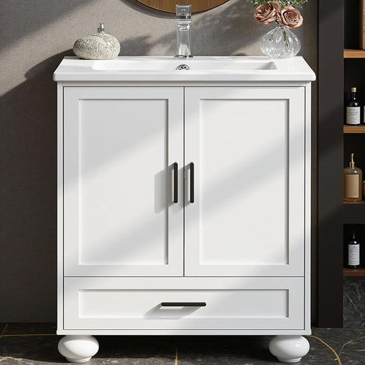 LIKIMIO 24" Bathroom Vanity with Ceramic Sink, 2 Doors 1 Drawer, Solid Wood Legs, Quick Assembly, Small Bathroom Storage, White Freestanding Bathroom Cabinet