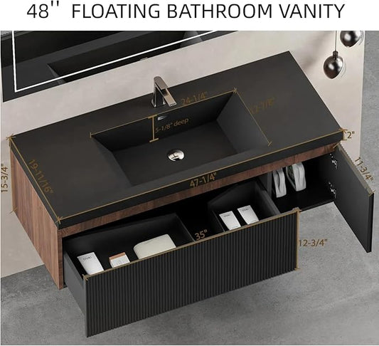 48'' Floating Bathroom Vanity with Sink, Wall-Mounted Bathroom Storage Cabinet with Soft-Close Striped Drawer, Cabinet Door & Quartz Sand Basin, Smoked Walnut Body with Internal Handle, Black