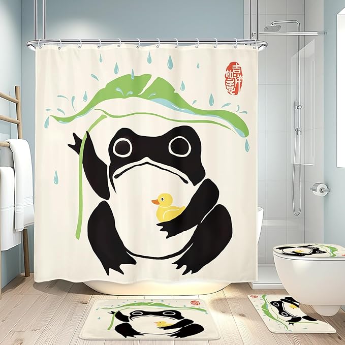 LGhtyro 4PCS Funny Frog 71Wx71H Inches Duck Traditional Japanese Leaf Rain Shower Curtain Sets with Rugs,Toilet Lid Cover and Bath Mat,Lovely Bath Accessories Art Home Decor Fabric 12 Pack Hooks