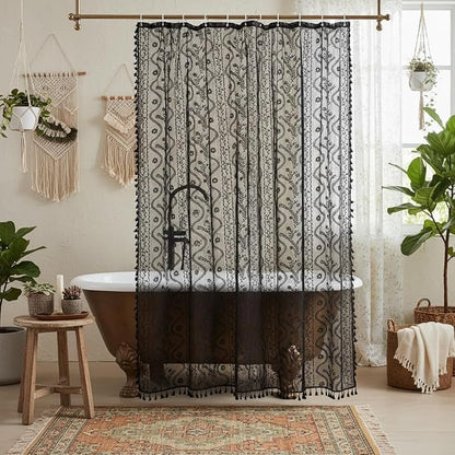 WAZZIO Black Lace Shower Curtain - Vintage Pretty Floral Sheer Shower Curtains Goth, Decorative Tassel Bath Curtains for Bathroom, 72 x 72 Inch, 1 Panel