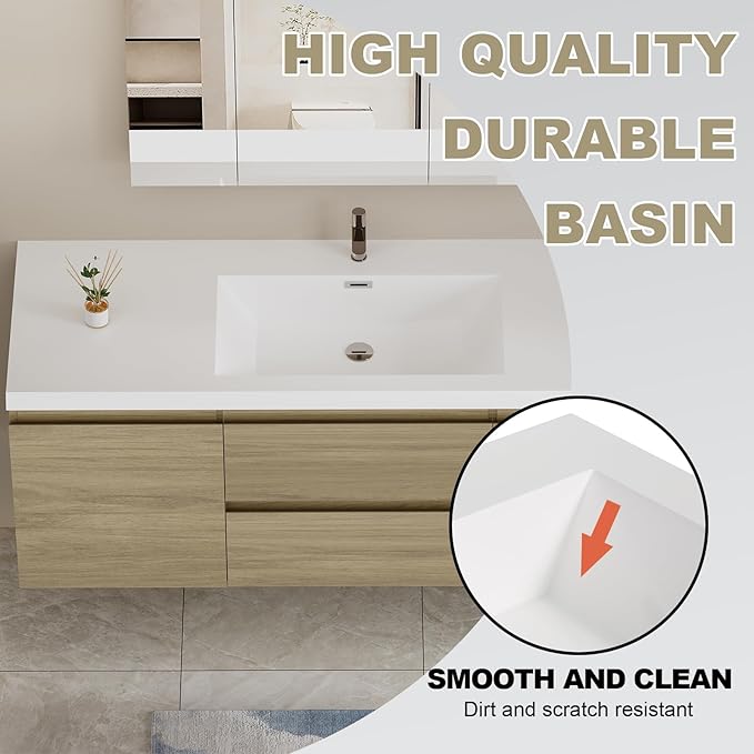 Wall Mounted 60 Inch Bathroom Vanity with Sink, Floating Vanity Bathroom, Single Sink Bathroom Vanity, 2 Drawers, 2 Soft Closing Doors, Resin Integrated Sink (Natural Oak)