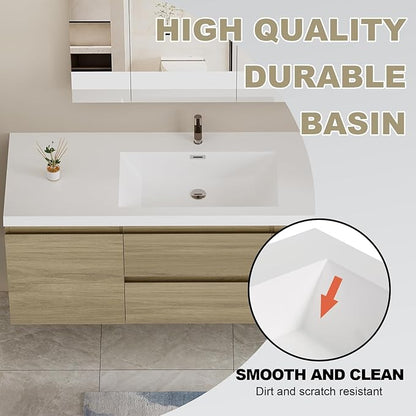 Wall Mounted 60 Inch Bathroom Vanity with Sink, Floating Vanity Bathroom, Single Sink Bathroom Vanity, 2 Drawers, 2 Soft Closing Doors, Resin Integrated Sink (Natural Oak)
