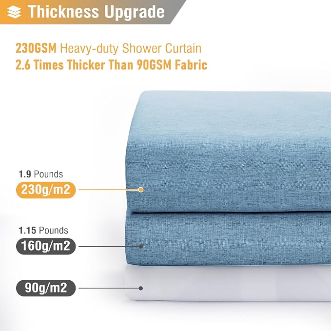 Long Linen Textured Waterproof Shower Curtain, 72x84, Moonlight Blue | Tall Size, 230GSM Polyester, Heavy Duty Cloth, Weighted Hem, 12 Plastic Hooks, Modern Luxury Hotel Style, Machine Washable