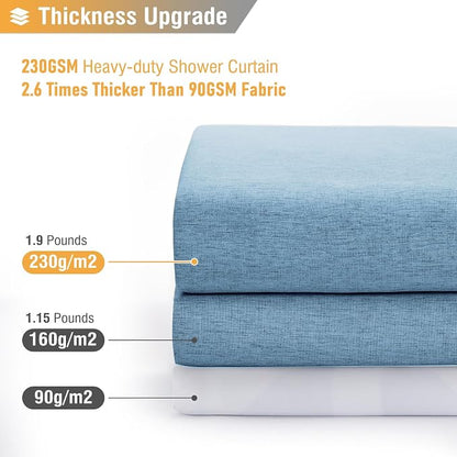 Long Linen Textured Waterproof Shower Curtain, 72x84, Moonlight Blue | Tall Size, 230GSM Polyester, Heavy Duty Cloth, Weighted Hem, 12 Plastic Hooks, Modern Luxury Hotel Style, Machine Washable