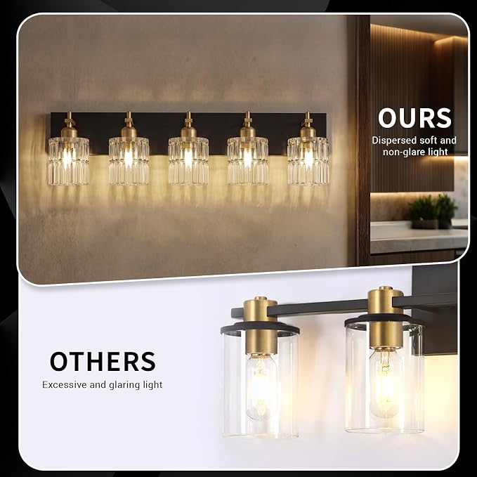 OCIOC 5-Light Black and Gold Bathroom Light Fixtures Over Mirror, Modern Brushed Gold Vanity Lights for Bathroom, Sconces Wall Lighting with Glass Shade for Mirror Bedroom Hallway