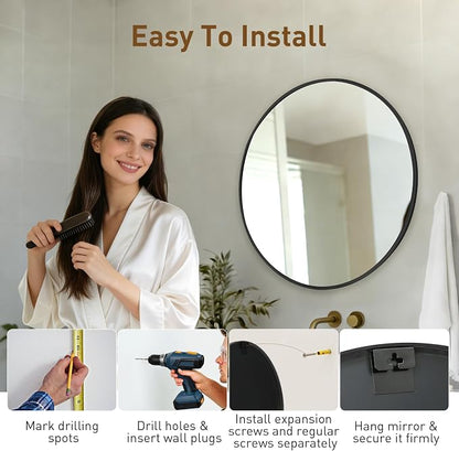NEWBULIG 24 Inch Round Wall Mirror, Bathroom Mirrors for Over Sink | Metal Framed Circle Vanity Mirror, Wall Decor for Bedroom, Entryway, Anti-Rust, Tempered Glass, Hanging or Leaning, Black
