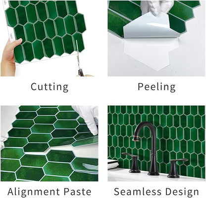 10-Sheet Long Hexagon Peel and Stick Kitchen Backsplash Tiles | 3D Waterproof Self-Adhesive Wall Tile Stick on Backsplash for Kitchen, Bathroom, Fireplace,RV(Emerald Green,12"×12")