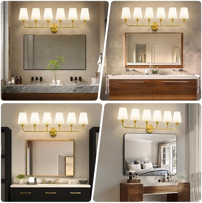 Bathroom Vanity Light, Brushed Gold Bathroom Lighting Fixtures Over Mirror | 6-Light Bathroom Light Fixtures with Flared White Fabric Shade, E26 Socket (ETL Listed)