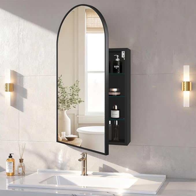 FKWin Bathroom Cabinet with Mirror, Surface Mount Arched Design, 16x30 Inch | Medicine Cabinet Mirror, Reversible Door, Space-Saving Storage, Elegant Arched Design, Black
