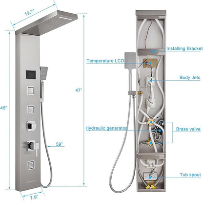 MENATT LED Shower Panel, 5-in-1 Shower Tower System, Rainfall & Waterfall Shower Head, Massage Jets, Tub Spout, Handheld Shower (Brushed)