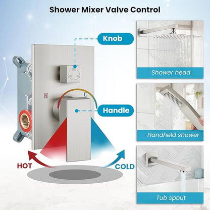 gotonovo Bathtub Shower Faucet Set, 12 Inch Shower Head, Brushed Nickel | Wall Mounted Shower System with Tub Spout for Bathroom, Square High Pressure Rain Shower head with Handheld Spray, All Metal