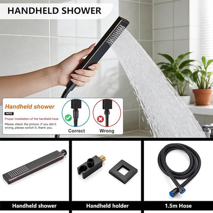Midanya Shower System with Tub Spout,8 Inch Shower Head,Oil Rubbed Bronze | with Valve & Trim Kit,Square Rain Head,Handheld Sprayer,Waterfall Spout,All Metal Wall Mount Bathroom Shower Tub Faucet Set
