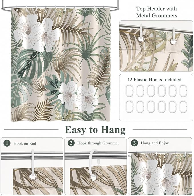 Tropical Shower Curtain for Bathroom, Green Palm Tree Flower Plant Boho Leaf Banana Monstera Sage Beige Shower Curtains Set, Fabric Bathroom Accessories with Hooks 60x72 Inch